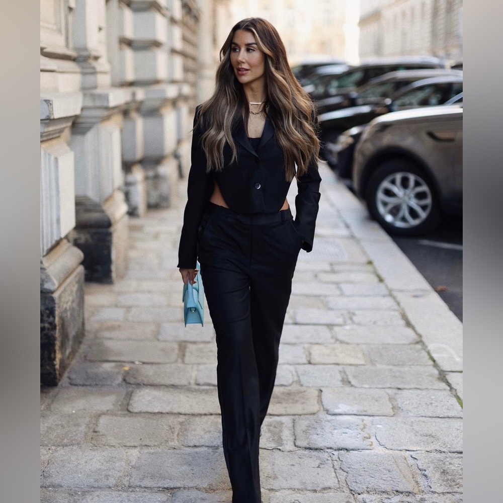 Zara Set - Black Crop Blazer with Lapels & Side Satin Effect Stripe Pants
